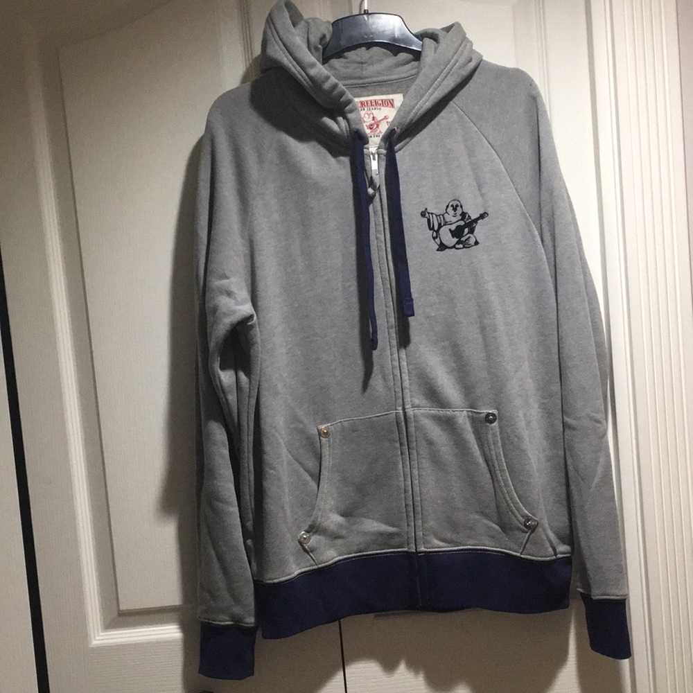 True Religion Gray Zip-Up Hoodie with Navy Trim